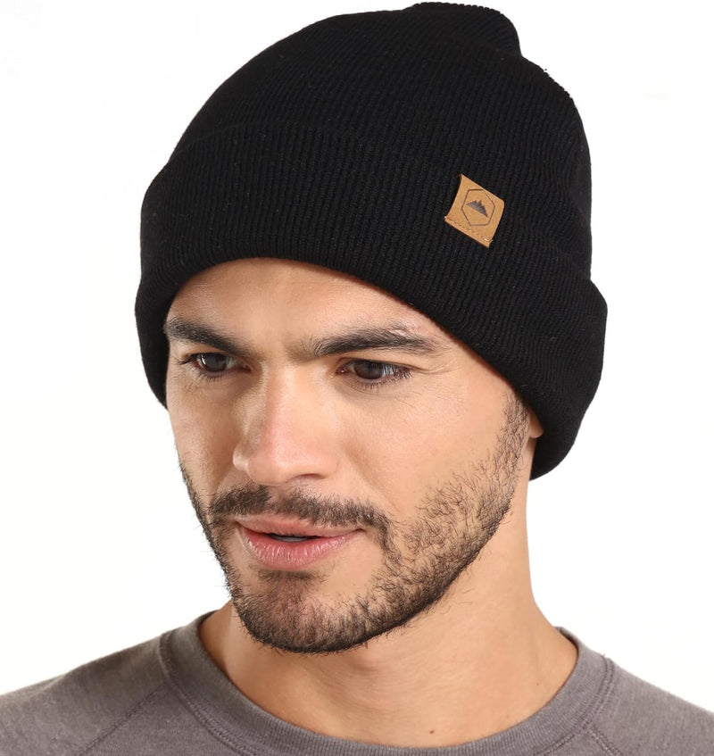 Winter Beanie Knit Hat for Men & Women - Merino Wool Ribbed Cap - Warm & Soft Stylish Toboggan Skull Caps for Cold Weather - Basic - Jet Black
