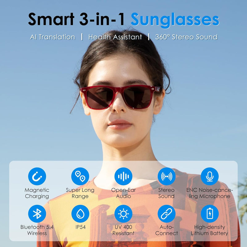GetD AI Glasses, AI Assistant Powered by ChatGPT, Smart Glasses, Polarised Sunglasses, Bluetooth Smart Sunglasses for Men and Women, 2-in-1 Headphones and Glasses