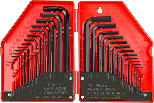 YIYITOOLS - HN-1-001 Hex Key Allen Wrench Set 30-Piece Industrial Grade Set Tools, 1/20-3/8 inches, 1.27-10 mm, Black and Silver - 30 PCs Wrench Set