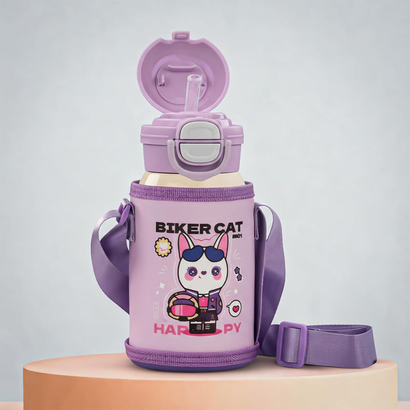 Kids Cartoon Water Bottle 550ml Stainless Steel Vacuum Insulated Sipper with Straw & Lid BPA-Free Eco-Friendly School Flask Back to School Bottle for Boys & Girls (Green) - Purple
