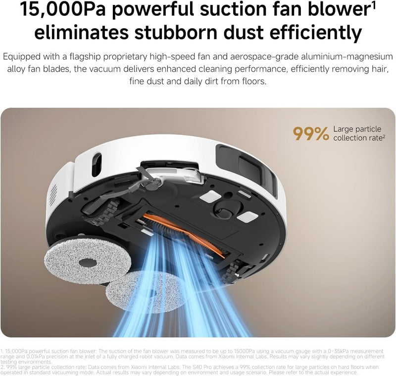 Xiaomi Robot Vacuum S40 Pro 15,000Pa Suction, Dual-Extending Arms, LDS Navigation, Smart Carpet Detection, App Control (S20+ Upgraded)