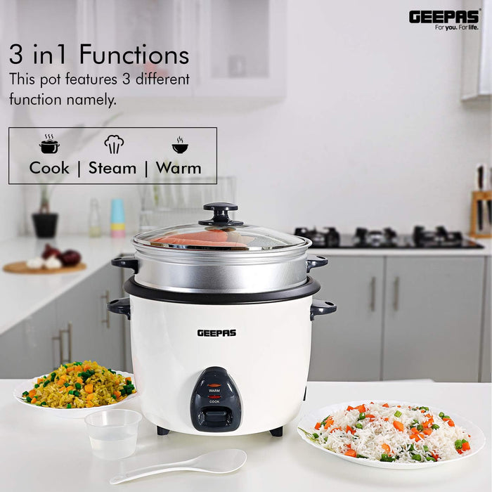 Geepas 1.5L Rice Cooker/Steamer with Non-Stick Cooking Pot | 500W | Automatic Cooking, Steam Vent Lid & Simple One Touch Operation |Make Rice, Steam Healthy Food & Vegetables | 2 Year Warranty