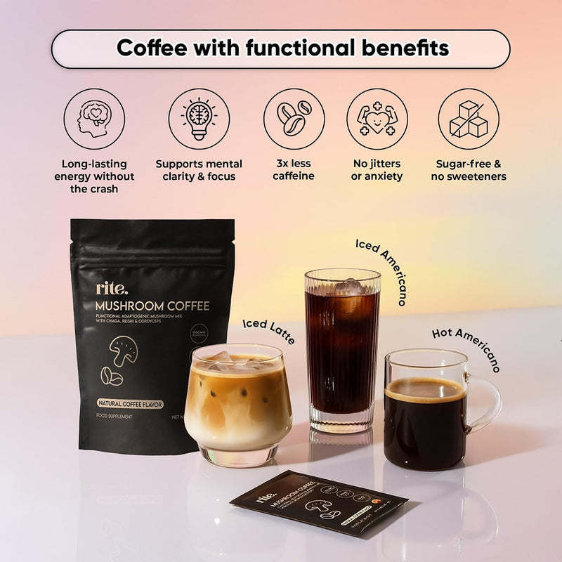 Rite Functional Coffee, Arabica Instant Coffee with Adaptogenic Mushrooms for Better Energy, Focus, Digestion & Immunity, 35mg Caffeine per serving (Pack of 15)