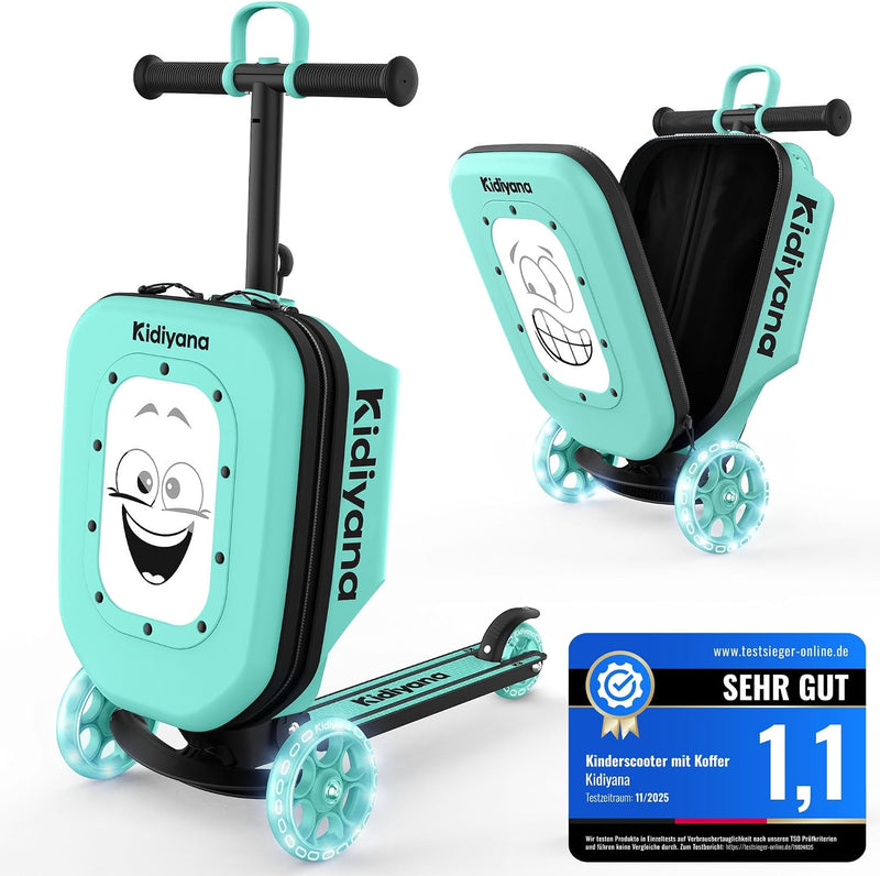 Scooter Suitcase, Children's Suitcase with Scooter and LED Wheels, Height-Adjustable Handlebar, A5 Viewing Window, 7 cm Storage Space, Suitable as Hand Luggage, Children's Scooter Gift from 2 - Ø£Ø®Ø¶Ø± Ø­ÙÙØ¨Ø© Ø§ÙØ³ÙÙØªØ±
