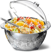 INNOVATIVE LIFE Large Salad Bowl with Ice Chiller Base and Lid, Kitchen Refrigerated Veggie Tray with Two Long Spoons, Party Platters for Food, Clear - D- Ice Serving Bowl