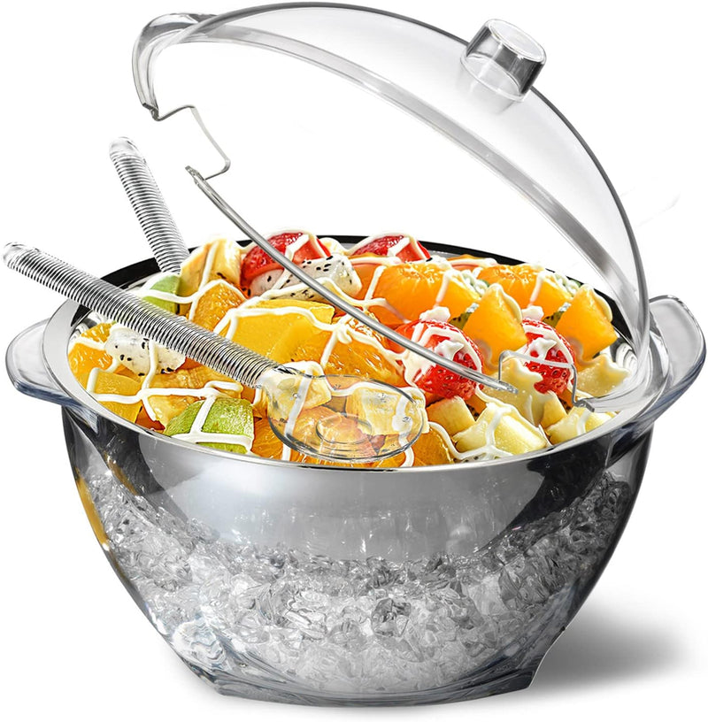 INNOVATIVE LIFE Large Salad Bowl with Ice Chiller Base and Lid, Kitchen Refrigerated Veggie Tray with Two Long Spoons, Party Platters for Food, Clear - D- Ice Serving Bowl