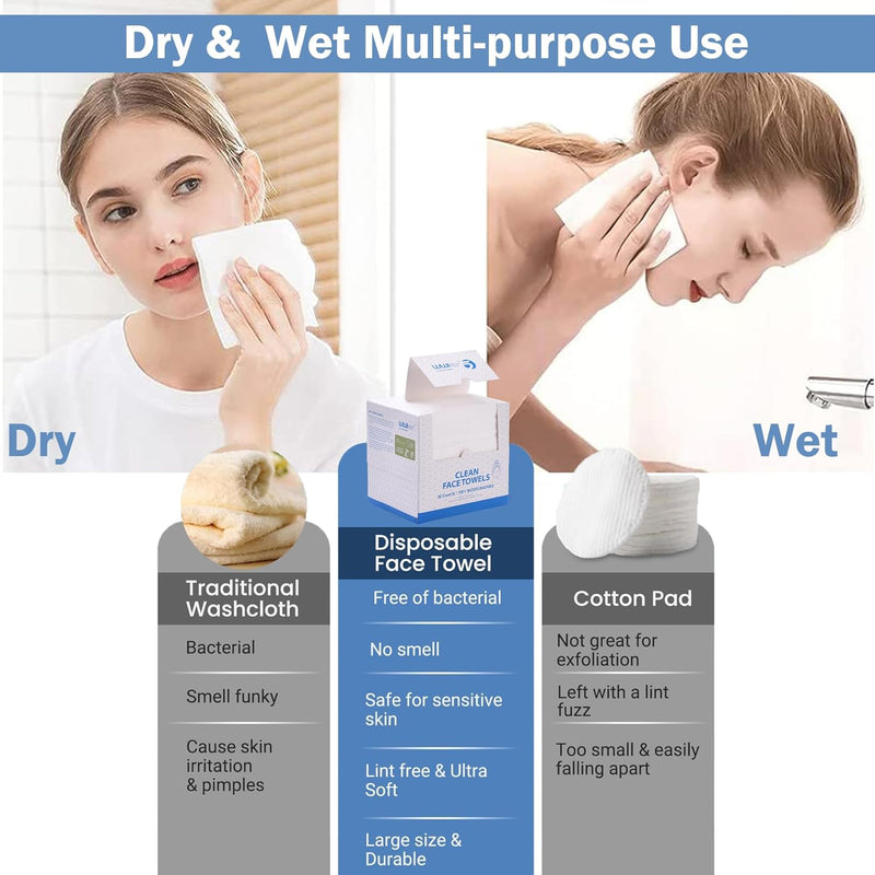 BIEWO Disposable Clean Face Towels, Cotton Face Towelette Soft Dry Wipes, Large Facial Cloths Simple Makeup Remover Wipes Thick Tissues for Sensitive Skin, 50 Ct, 1 Pack (1 PACK=50 COUNT)