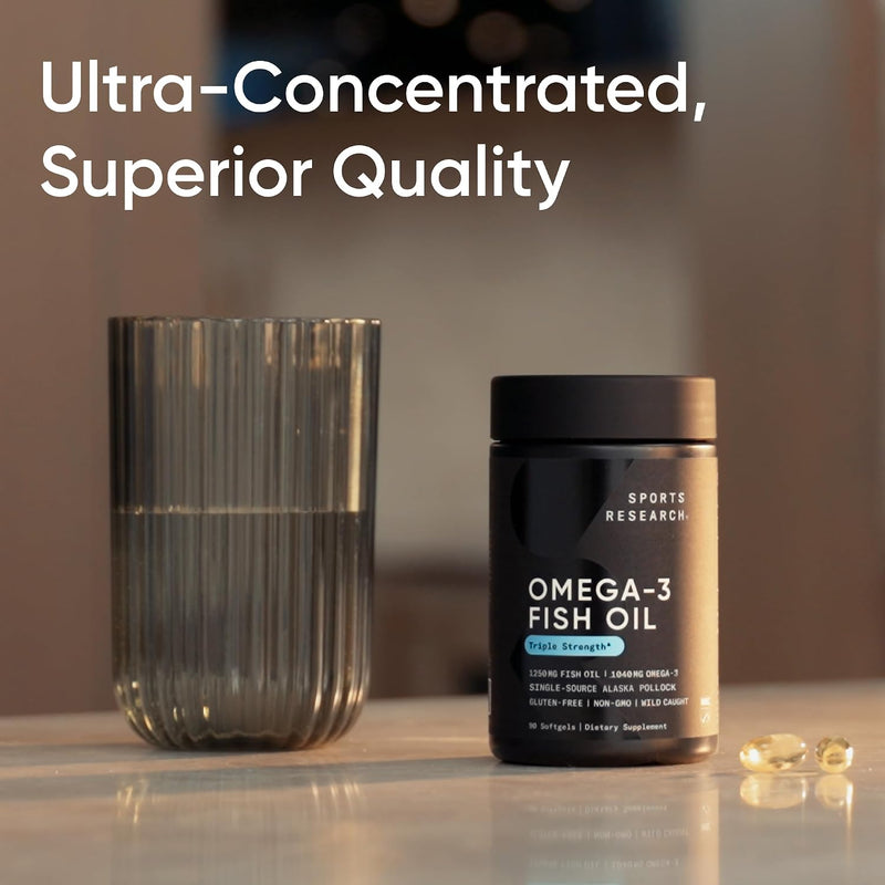 Sports Research Alaskan Omega3 Fish Oil 90 Softgels WildCaught Alaska Pollock EPA & DHA in Triglyceride Form NonGMO & GlutenFree Omega3 Supplement