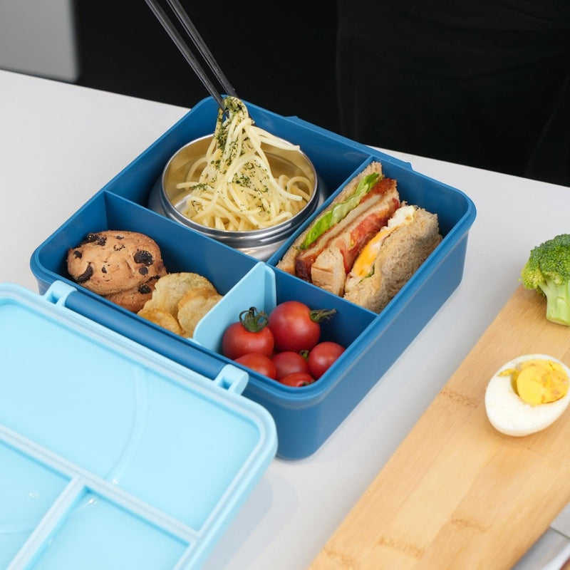 Lunch Bento Box for Kid and Adult,with Insulated Steel Jar Inside,4 Compartment Microwave & Dishwasher & Freezer Safe,BPA Free(Blue)