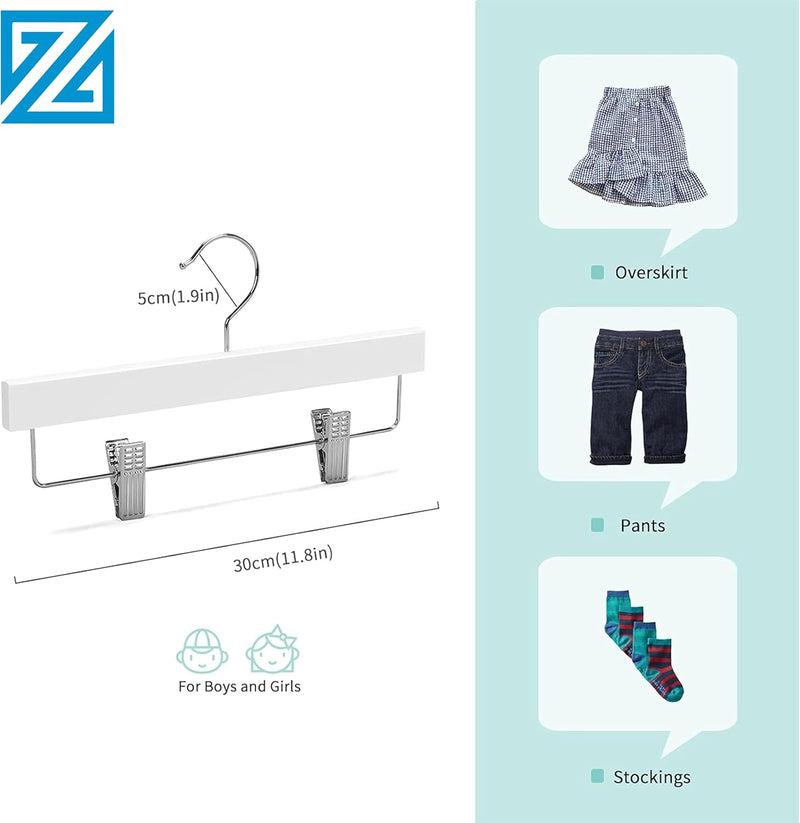 ZOBER Wooden Hanger with Clips for Kids - Premium Adjustable Non-Slip Hangers for Toddlers, Children & Baby Clothes - Durable & Space-Saving Design for Organizing the Cloths Pack of 5 (White)