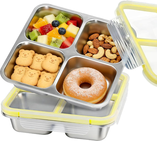Stainless Steel Snack Containers, 4-Compartment Bento Box with Airtight Lids, Reusable Leakproof Meal Prep Lunch Box for Travel, Picnics, Work, and Food Storage