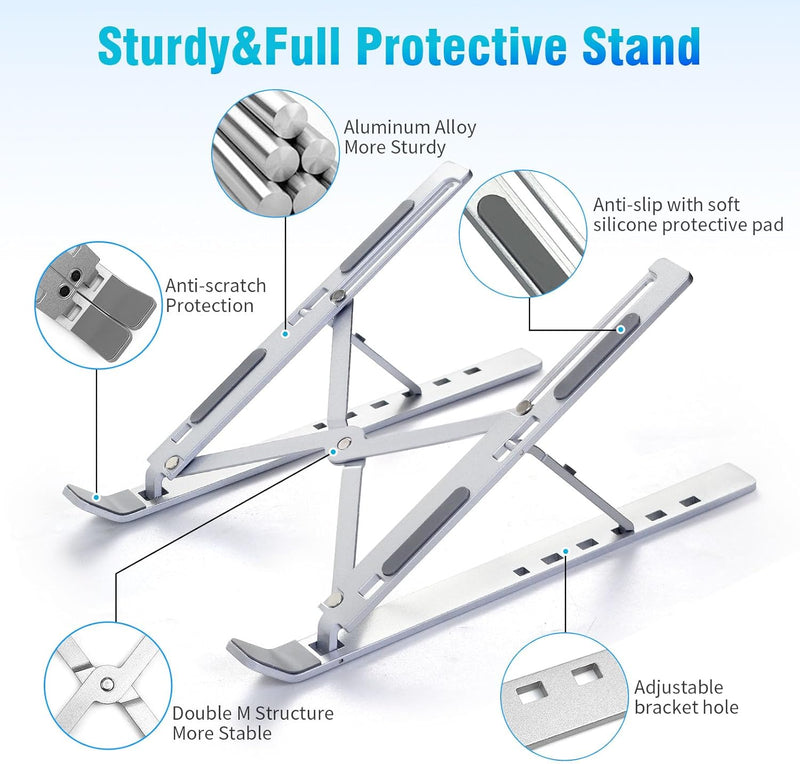 SKY-TOUCH Laptop Stand for Desk, Adjustable ABS+Silicone Foldable Portable Laptop Holder, Ventilated Cooling Notebook Stand for MacBook Pro Air, Lenovo, Dell, HP, Laptops,Tablet - silver-new