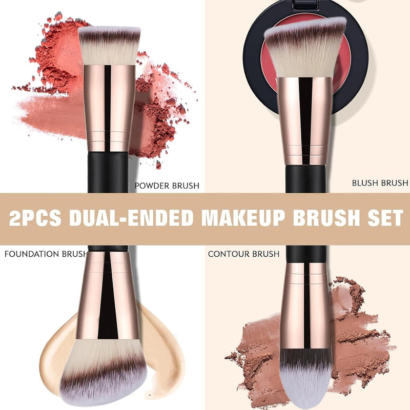 WuqWik 2Pcs Foundation Makeup Brush, Flat Angled Rounded Taperd Flawless Foundation Concealer Brush, Double Ended Makeup Brushes for Liquid Cream Powder Blending Buffing Concealer