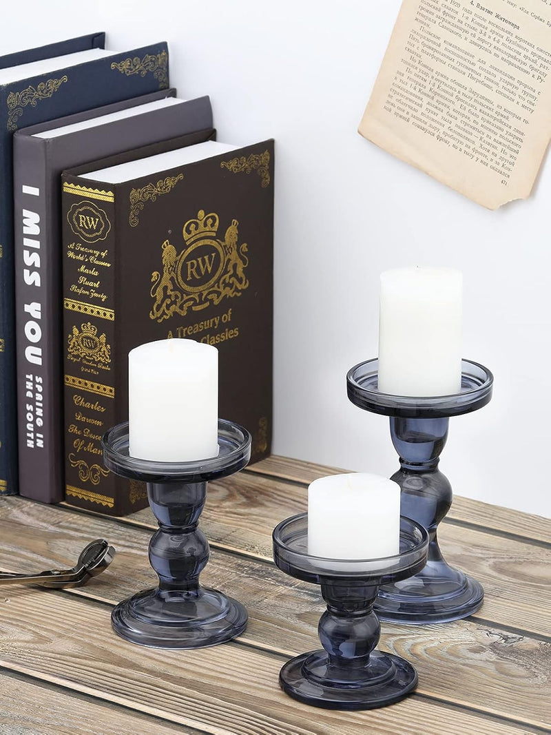 Lewondr Glass Candle Holders, 3 Pieces Crystal Clear Candlesticks with Elegant Design for Pillar Taper Candle and Tea Light, Home Table Living Room Wedding Party Decorations Home Décor - Clear