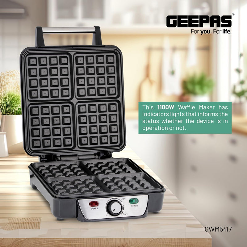Geepas GWM5417 Electric Waffle Maker 1100W- 4 Slice Non-Stick Electric Belgian Waffle Maker with Adjustable Temperature Control