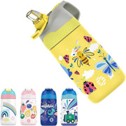 Kids Stainless Steel Water Bottles with Straw, 12 oz Leak Proof Insulated Water Bottle Double Wall Keep Hot Cold Drinks Thermos Toddler Bottle with Handle BPA-Free for School - Butterfly