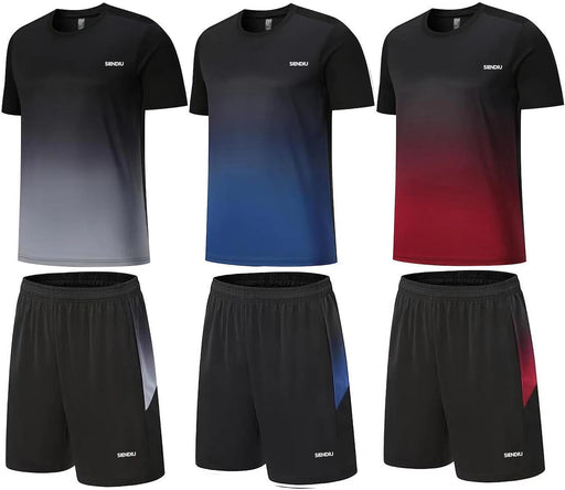 Men's Workout Sets Athletic Clothes Soccer Shirts Shorts 3 Pack Basketball Running Gym Football Outfits Summer - Grey-blue-red
