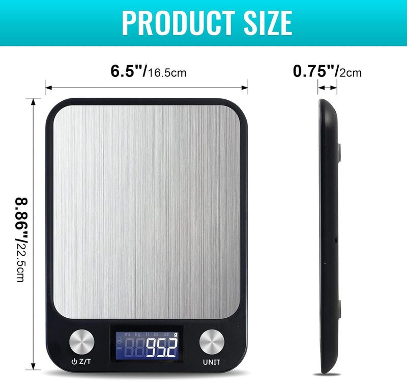 SKY-TOUCH Digital Kitchen Scale Multifunction Food Scale, Touch Button, Ultra Slim with Large LCD Display, 11lb/5kg, 22lb/5kg, Stainless Steel (Batteries Included) (10000g/1g)