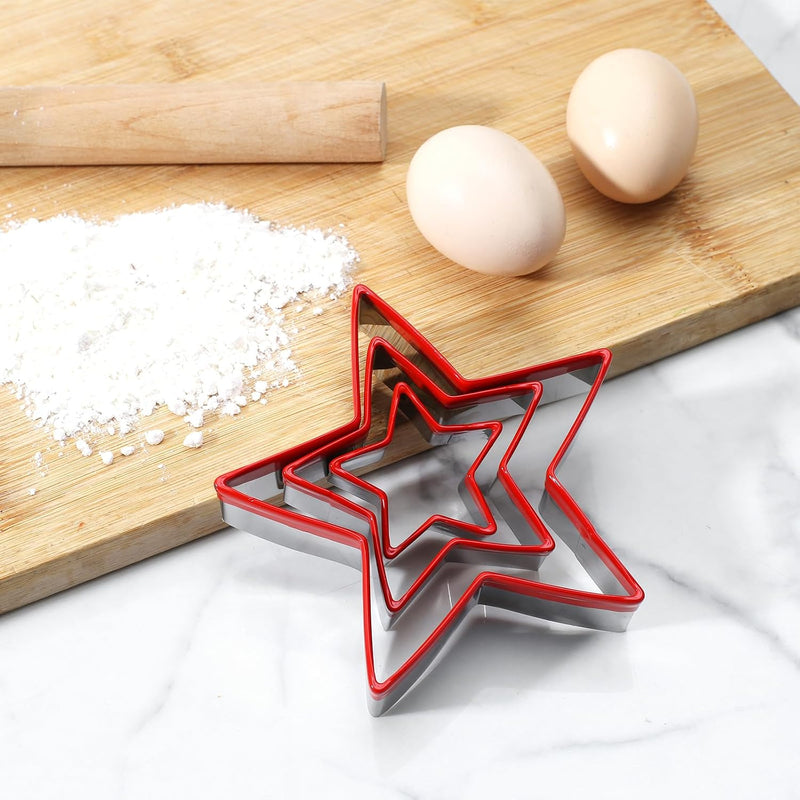 3-Piece Star Cookie Cutter Set - Stainless Steel Holiday Baking Tools with Red Silicone Grip for Christmas Cookies & Crafts