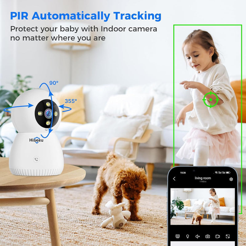 Hiseeu Indoor Security Camera, 2.4G/5G 5MP Baby Monitor Pet Camera for Home Security, PTZ 360°, Auto Tracking, 2 Way Audio, Night Vision, PIR Detection, Local Storage…