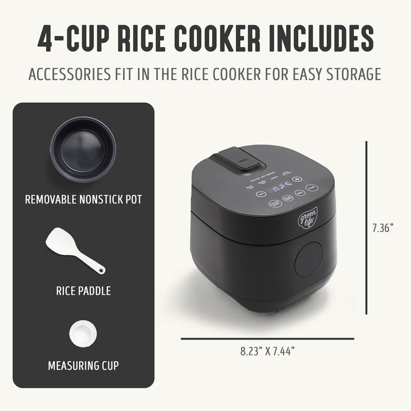 GreenLife Healthy Ceramic Nonstick 4-Cup Rice Oats and Grains Cooker, PFAS-Free, Dishwasher Safe Parts, Black