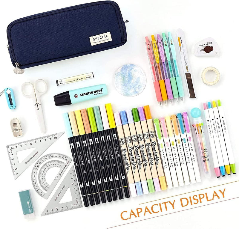 Bukela Large Capacity Pencil Case 3 Compartment Pouch Pen Bag for School Teen Girl Boy Men Women (Navy)
