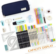 Bukela Large Capacity Pencil Case 3 Compartment Pouch Pen Bag for School Teen Girl Boy Men Women (Navy)