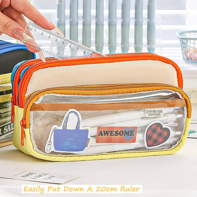 Large Capacity Pencil Case, 3 Compartment Storage Organizer, Canvas Zipper Pencil Pouch for Pens Markers and Tools, Cute Stationery Bag for Women and Girls, Beige