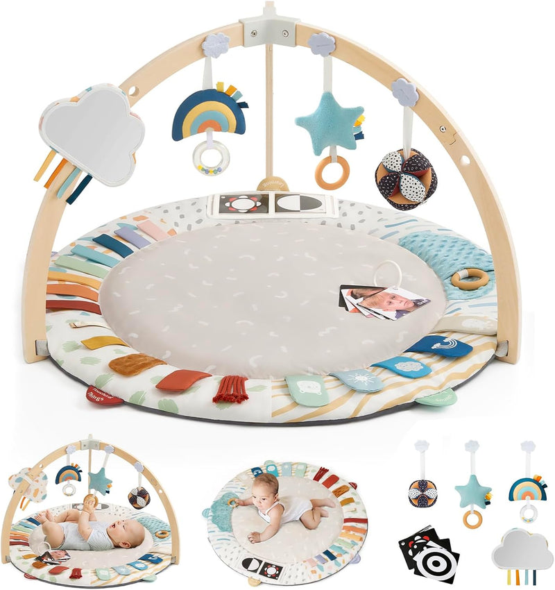 Blissful Diary Baby Play Gym & Mat, 5 Development Zones, Baby Activity Mat, Wooden Mat with 6 Detachable Sensory Toys for Motor Skills and Sensory Development,