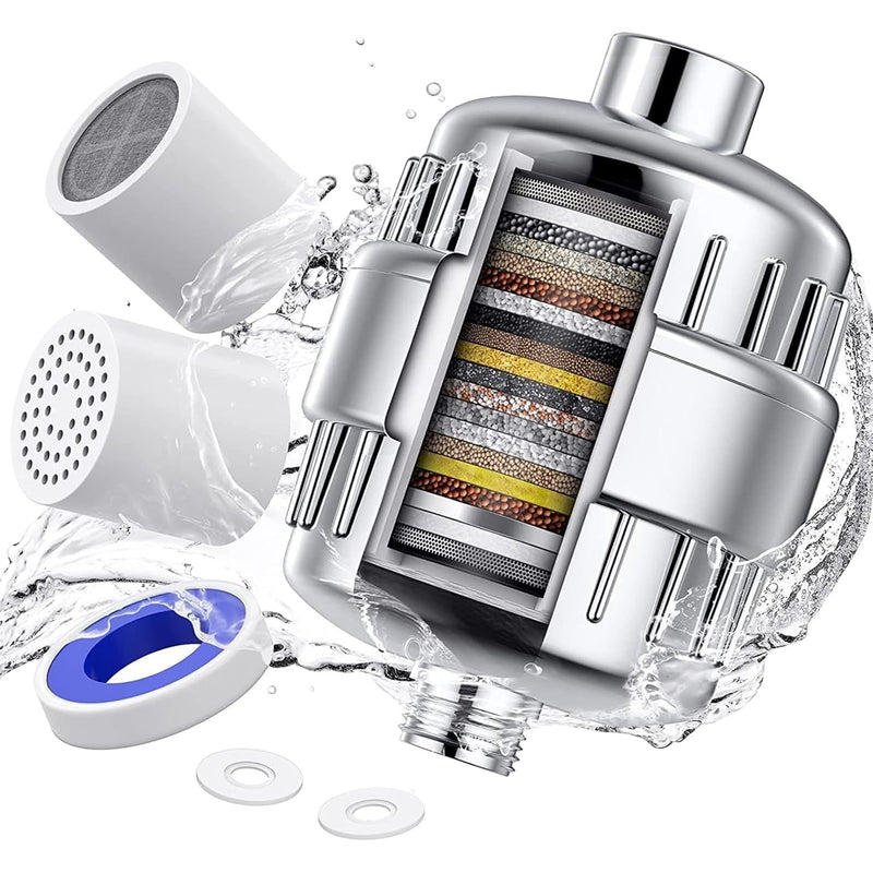 GROLIGH Shower Filter 20 Stage Showerhead Filter for Hard Water Shower Water Filter with 2 Replaceable Filter Cartridges for Removing Chlorine Fluoride, Polished Chrome