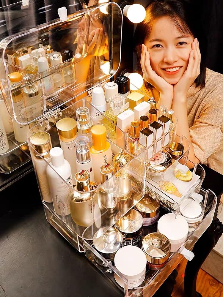 LIMOS Modern Makeup Storage Organizer Box Cosmetics storage display rack with drawer,Waterproof, dustproof, display cabinet Suitable for bathroom countertop, bedroom dresser (Design D White)
