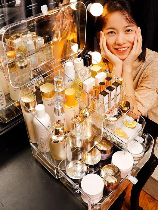 LIMOS Modern Makeup Storage Organizer Box Cosmetics storage display rack with drawer,Waterproof, dustproof, display cabinet Suitable for bathroom countertop, bedroom dresser (Design D White)