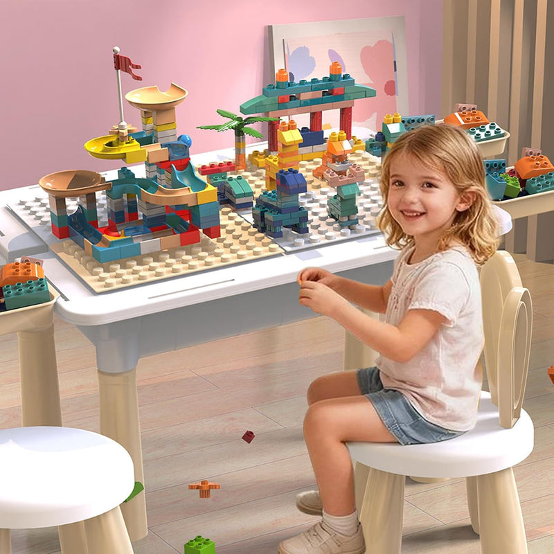 Kids Activity Table Set With 2 Chairs 4 Storage Boxes, Multi-Functional Educational Block Table With Storage - White