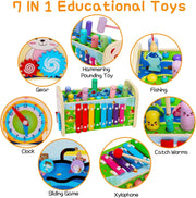 AM ANNA 7 in 1 Hammering Pounding Toys, Wooden Montessori Educational Fishing Game Xylophone Toys for 1 2 3 Year Old, Baby Sensory Developmental Fine Motor Skills Toddler Activities Age 1-4 Gifts