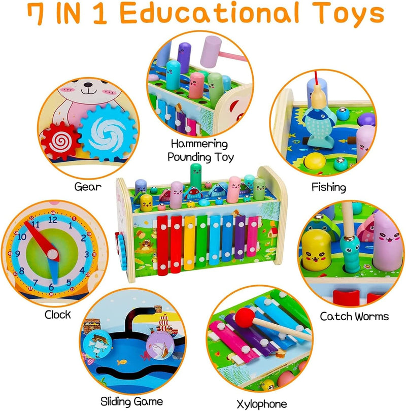 AM ANNA 7 in 1 Hammering Pounding Toys, Wooden Montessori Educational Fishing Game Xylophone Toys for 1 2 3 Year Old, Baby Sensory Developmental Fine Motor Skills Toddler Activities Age 1-4 Gifts