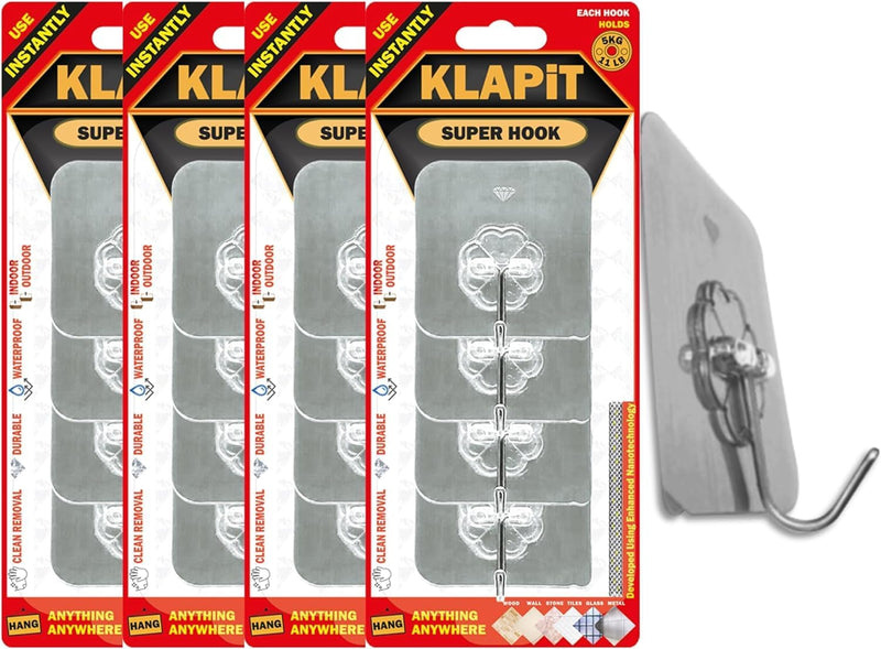 KLAPiT Super Hook Heavy Duty Adhesive, Holds 11 Pounds or 5Kg Weight, Waterproof and Damage Free for Wall, Tile, Wood, Stone, Glass, Metal, Made of Steel (Clear, 4 pc) - 16 pc Silver