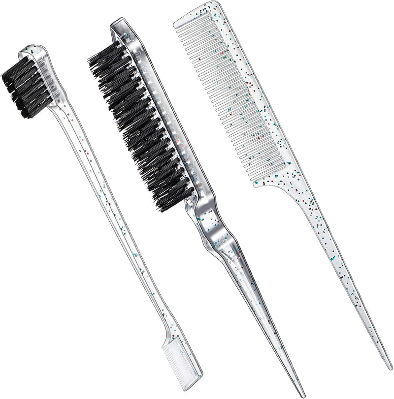 Geiserailie 3 Pcs Slick Back Hair Brush Set Bristle Brush Edge Control Teasing Comb for Women Black Hair(Black)