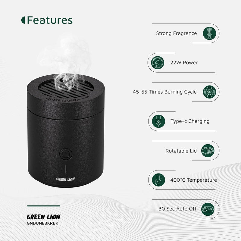 Green Lion Smart Bakhour Rechargeable Electric Car Incense Burner, USB-C Portable Mini Burner, Aluminum Alloy Design, Strong Power for Fast Burning, Long-Lasting Fragrance - Green