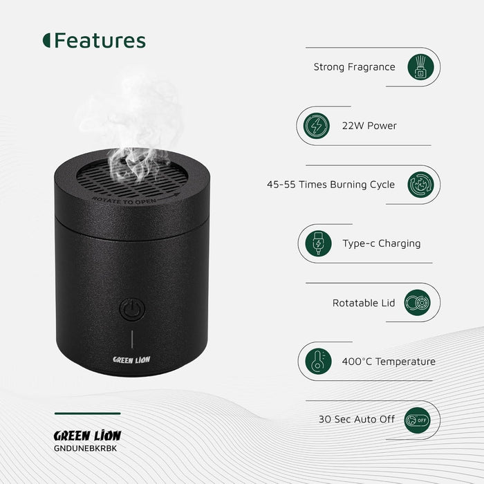 Green Lion Smart Bakhour Rechargeable Electric Car Incense Burner, USB-C Portable Mini Burner, Aluminum Alloy Design, Strong Power for Fast Burning, Long-Lasting Fragrance - Green