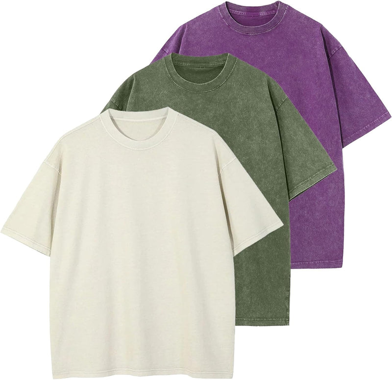 Mens Cotton T-Shirt, Oversized, Unisex, Short-Sleeved, Casual, Loose Fit, Washed, Solid Color - Beige+army Green+purple