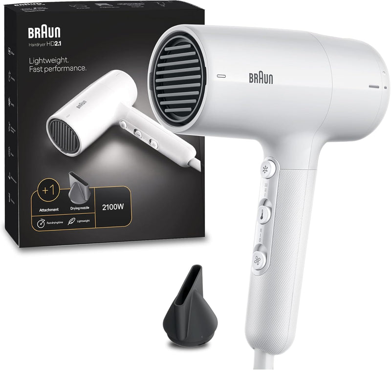 Braun Hair dryer HD2.2 Light Weight, Fast Performance and Shine, 2200 Watts, 3 Heat Mode plus cool shot, with 2 Attachments Drying Nozzle, Curl Diffuser, BRHD225SDE - Ion Black. - HD2.1