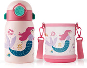 Stainless Steel Water Bottle for Children 400 ml + Cover, No Leak/BPA-Free Thermal Bottle with Straw for School and Sports - Mermaid 0.4 ÙÙØªØ±