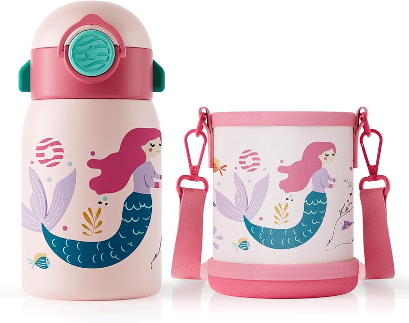 Stainless Steel Water Bottle for Children 400 ml + Cover, No Leak/BPA-Free Thermal Bottle with Straw for School and Sports - Mermaid 0.4 ÙÙØªØ±