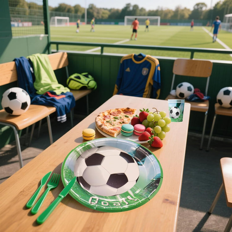 Soccer Birthday Party Decorations 140 PCS, Complete Soccer Party Set for 20 Guests, Includes Plates, Napkins, Cups, Banner, Balloons, Tablecloth, Cutlery