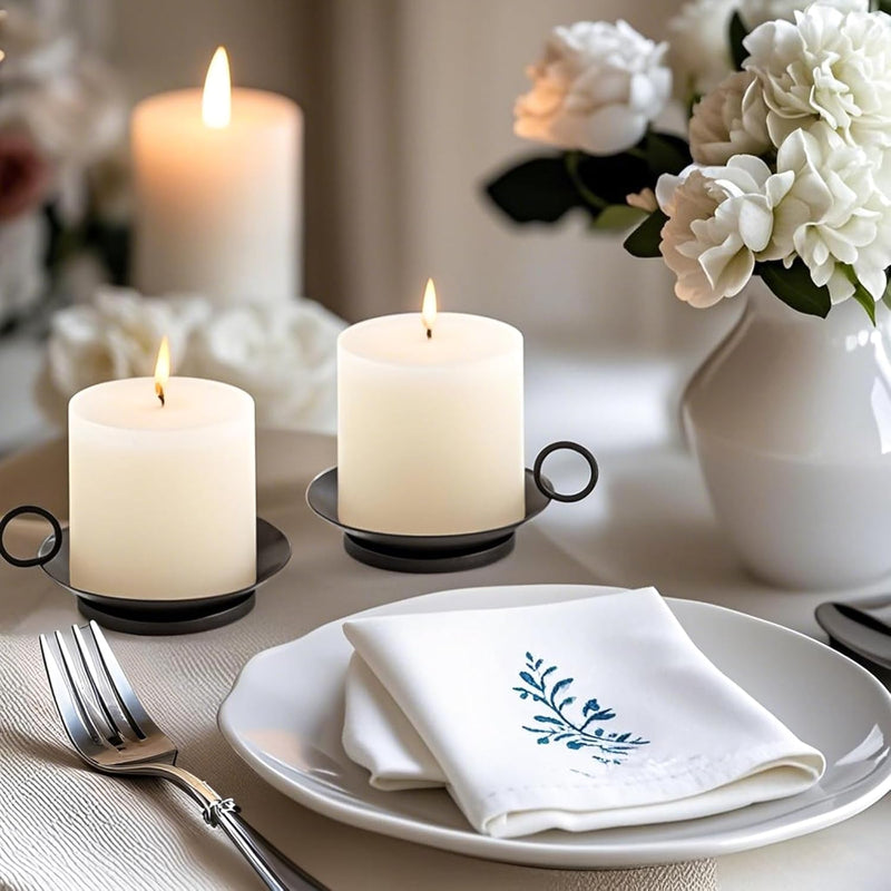 Black Pillar Candle Holders, Iron Metal Candle Dish Plate Holder Set of 2, Candle Tray with Handle Candle Stick Holder for Wedding, Party, Home Decor