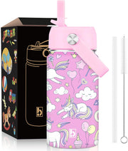 Kids Water Bottle 410ml Stainless Steel Hydro Flask Double Wall Insulated Thermal Bottle with Straw Lid BPA Free Cup Hot Cold Sports Toddler School Boys Girls 14oz (DINOSAUR BLUE 410ML) - UNICORN PURPLE