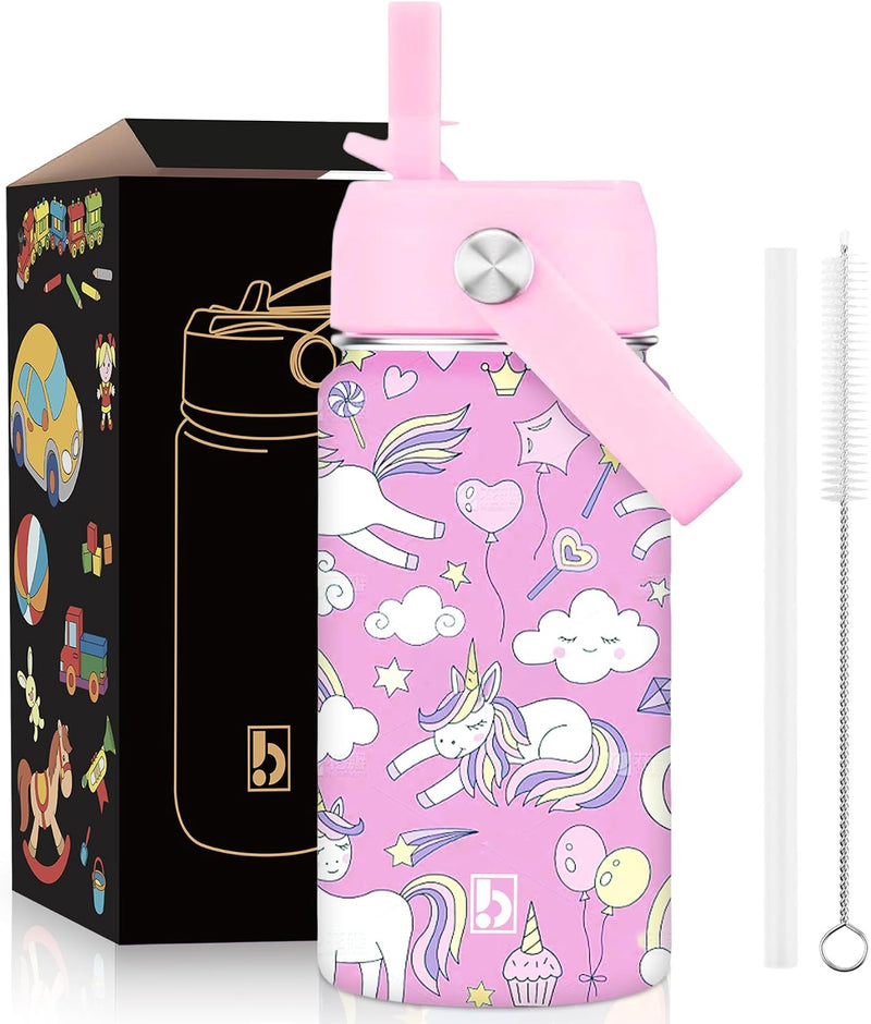 Kids Water Bottle 410ml Stainless Steel Hydro Flask Double Wall Insulated Thermos Bottle with Straw Lid BPA Free Cup Hot Cold Sports Toddler School Boys Girls 14oz (TRUCKS 410ml) - UNICORN PURPLE