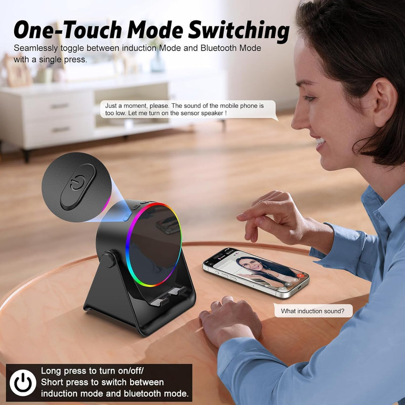 Wireless Induction Speaker 4-in-1 Bluetooth Speaker with Phone Stand and Colorful Ambient Light360 Rotation Compatible with iPhone,Android,iPad,Unique Birthday Gift for Men Women Adults(Black)