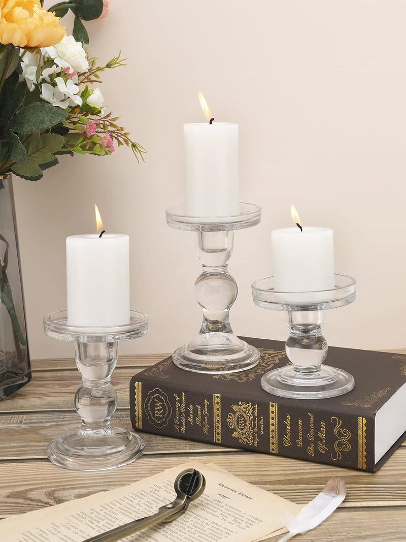 Lewondr Glass Candle Holders, 3 Pieces Crystal Clear Candlesticks with Elegant Design for Pillar Taper Candle and Tea Light, Home Table Living Room Wedding Party Decorations Home Décor - Clear
