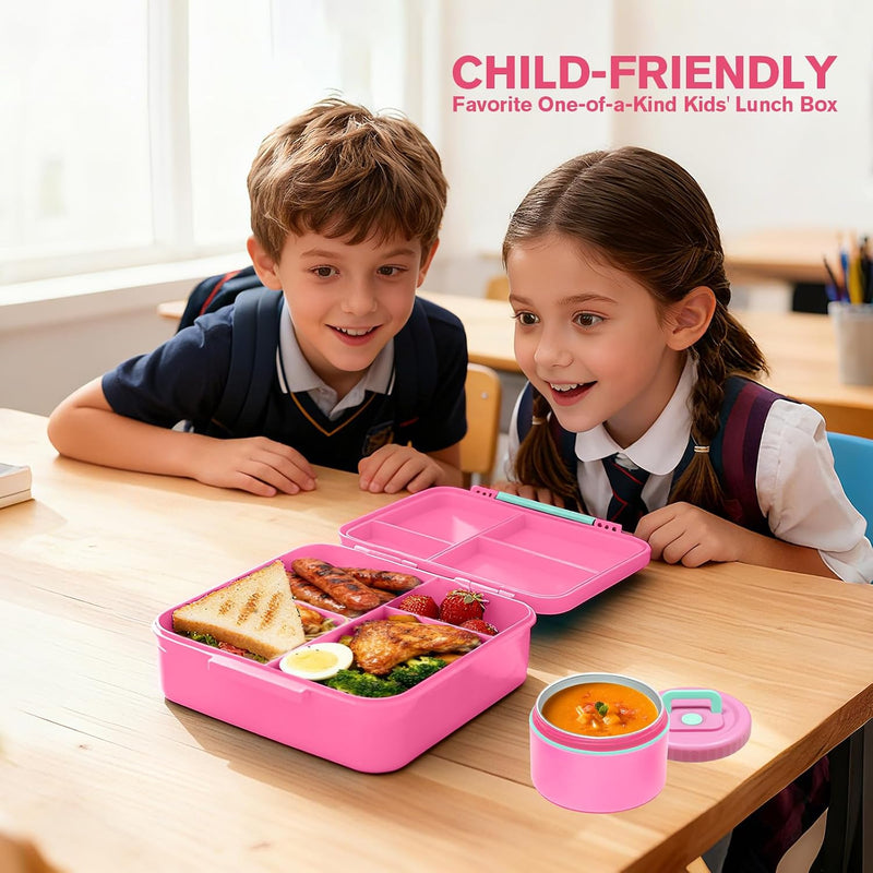 Bento Lunch Box, LunchBox 4 Compartments, Leak-Proof Lunch Container, PFAS&BPA-Free Microwave Safe, BLYPHOO Bento Box with Soup Bowl(Pink)
